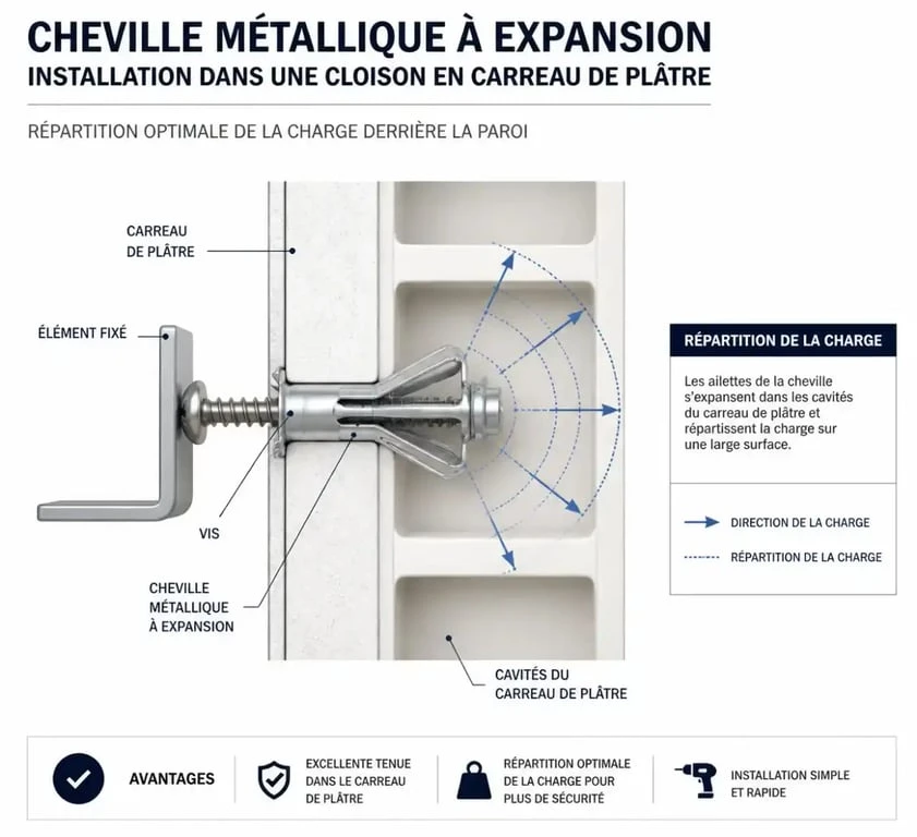 Schéma technique d'une fixation de charge lourde sur carreau de plâtre avec cheville à expansion
