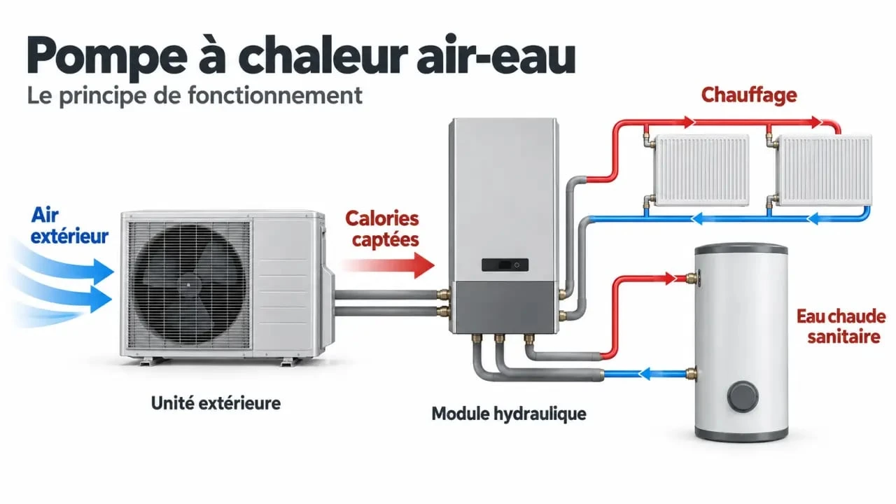 Schéma du tarif d’une pompe à chaleur air-eau et de ses principaux composants