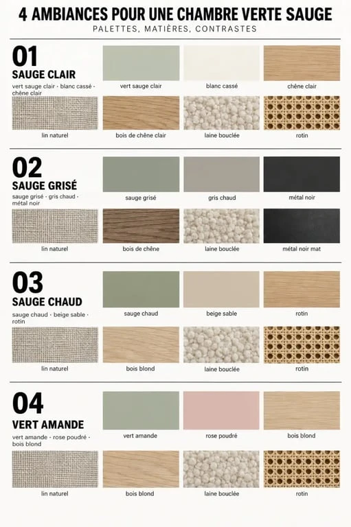Associations de couleurs et matériaux pour une chambre verte sauge