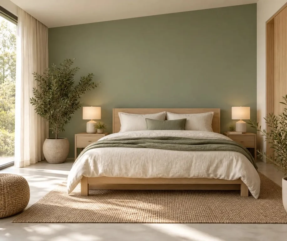 Chambre verte sauge avec mur d’accent, bois clair et linge de lit en lin