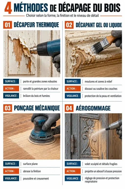 Comparatif des méthodes de décapage du bois avec un décapeur bois, un gel, une ponceuse et une aérogommeuse