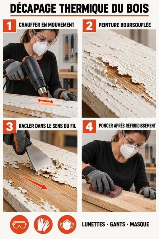 Étapes d'utilisation d'un décapeur bois pour retirer une peinture avec une spatule