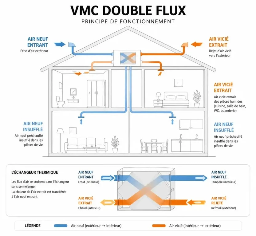 Schéma de fonctionnement d'une VMC double flux et climatisation pour une meilleure qualité de l'air intérieur