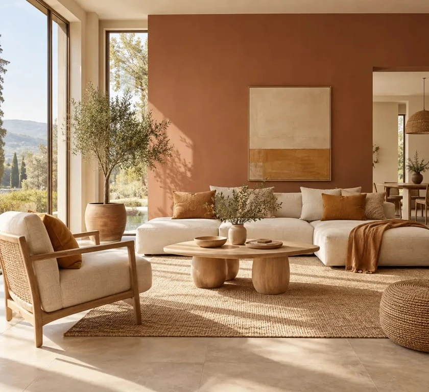 Couleurs chaudes pour salon avec mur terracotta, ivoire et touches ocre dans une pièce lumineuse