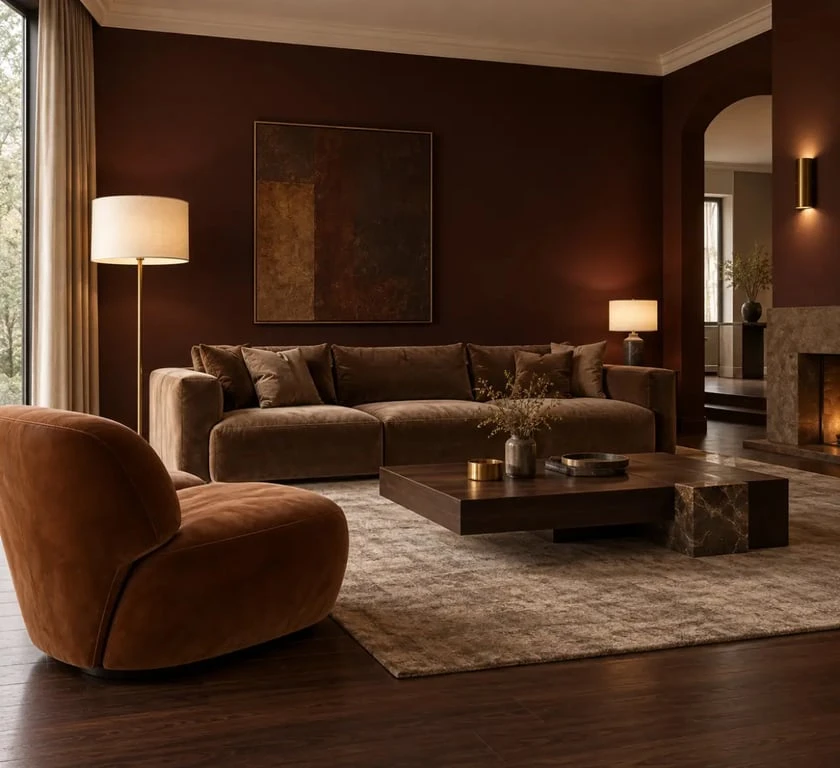 Couleurs chaudes pour salon avec mur brun profond, canapé cognac et éclairage tamisé