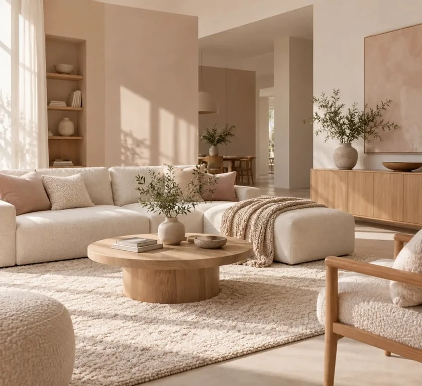 Salon aux couleurs chaudes pour salon dans une ambiance cocooning beige rosé et écru