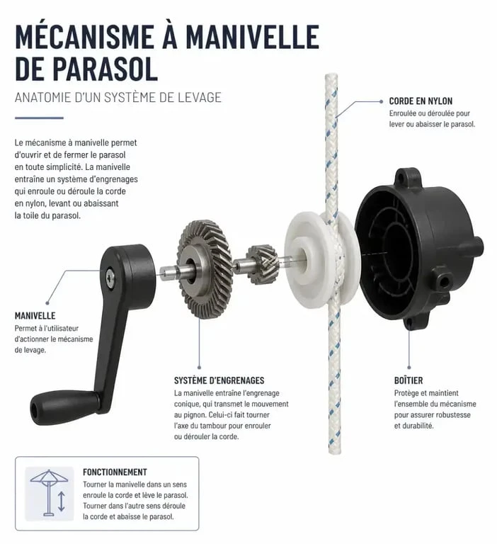 Schéma explicatif du mécanisme interne pour réparer un parasol à manivelle
