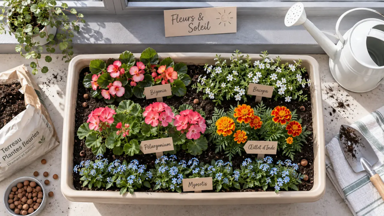Fleures pour jardiniere en soleil et mi-ombre : pélargonium, bégonia, bacopa et myosotis
