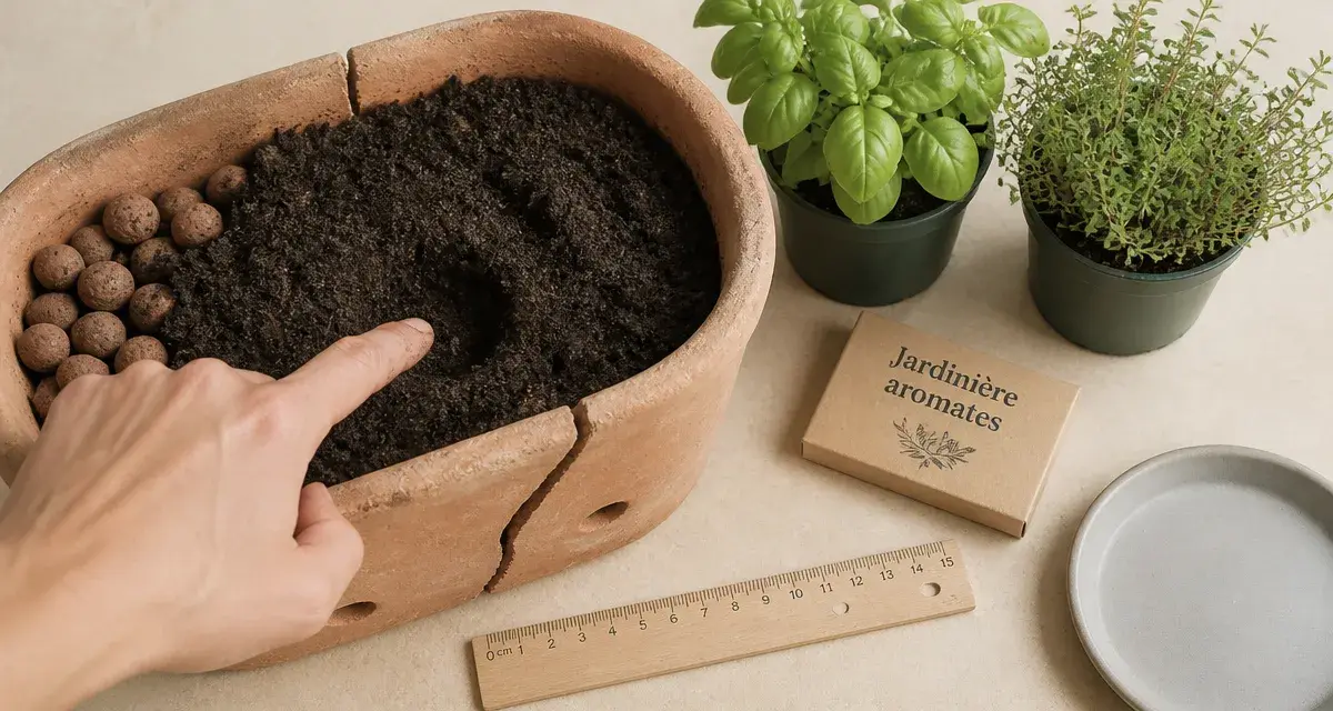 Jardinières plantes aromatiques en terre cuite : basilic et thym, profondeur 20 cm