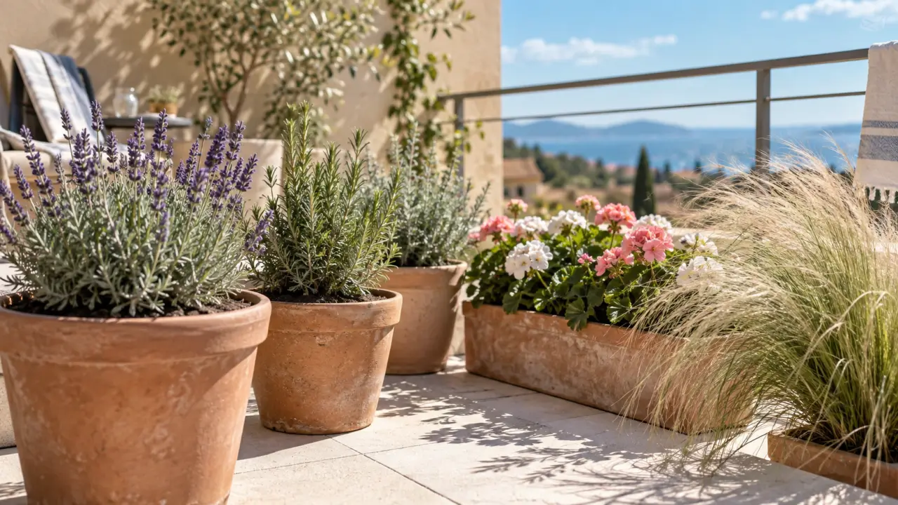 Plante terrasse ensoleillée : lavande, romarin et stipa pour chaleur et vent