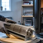 Ventilateur pour poele a granule démonté par un technicien pour réparer la panne
