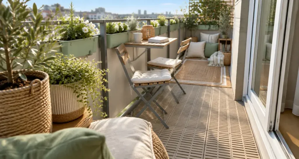Décoration de balcon extérieur : 3 zones pour circuler, s’asseoir et respirer