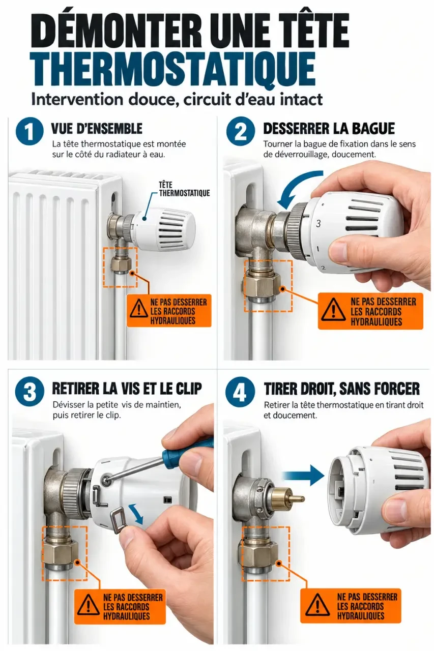 Démonter thermostat radiateur : illustration des fixations d'une tête thermostatique et de l'axe de vanne