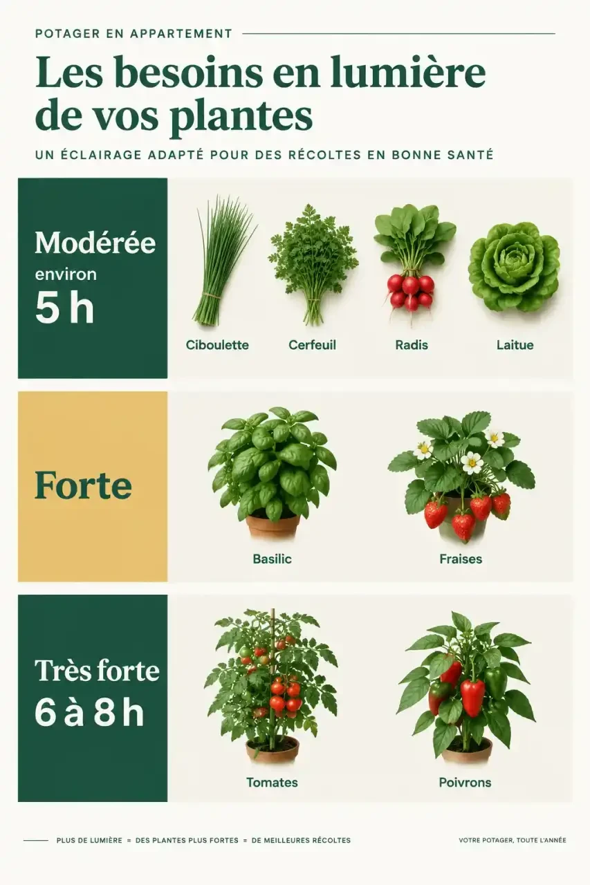 Potager en appartement : besoins en lumière des plantes, des aromates aux tomates, en heures de soleil par jour
