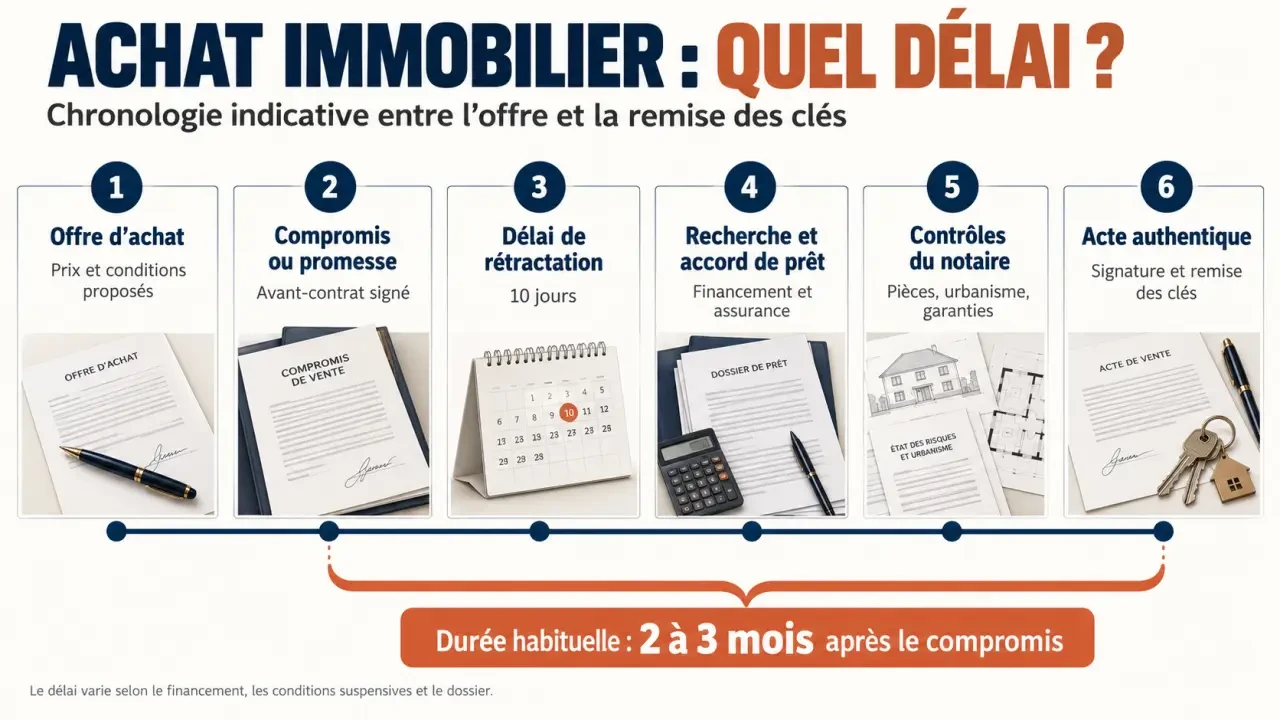 Frise chronologique du délai achat immobilier entre le compromis et la remise des clés