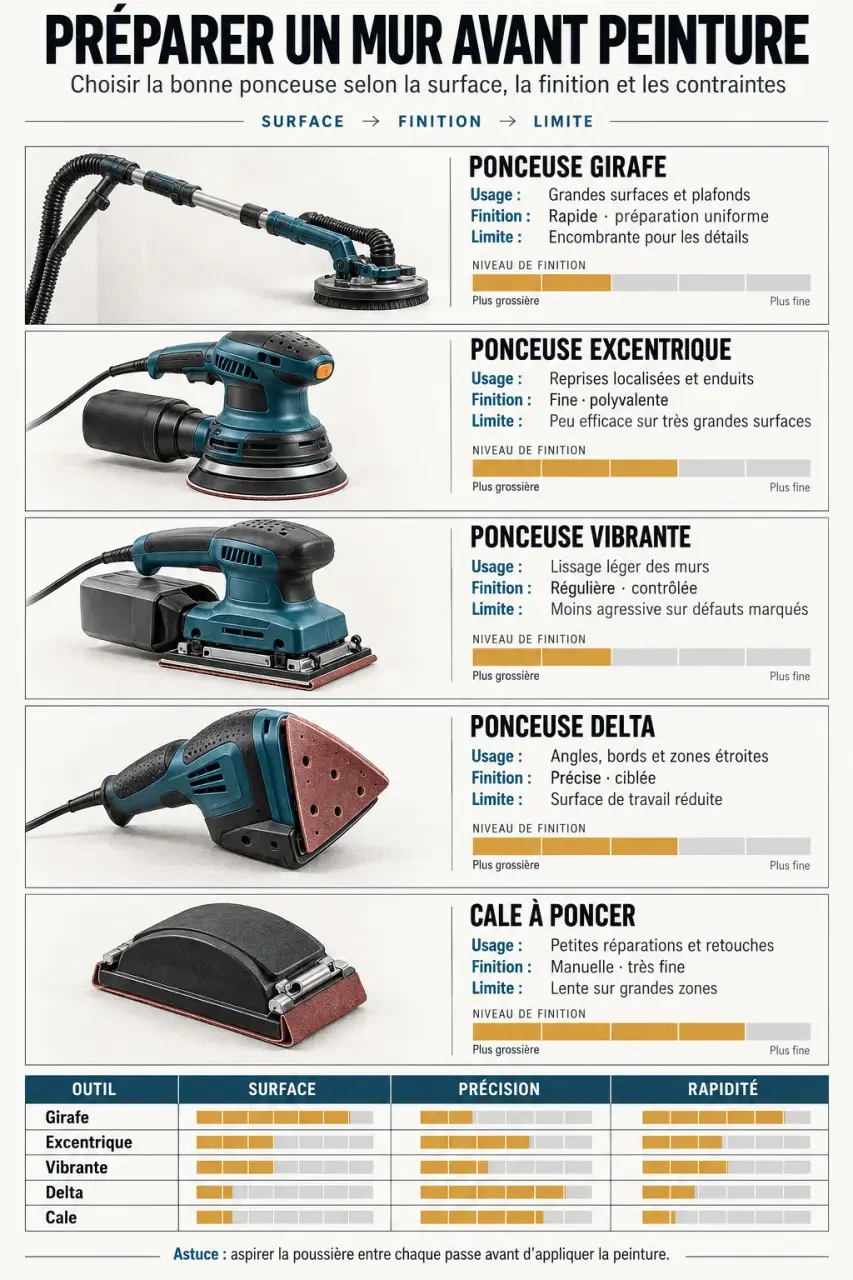 Ponceuse peinture murale : comparaison des outils selon la surface et la finition
