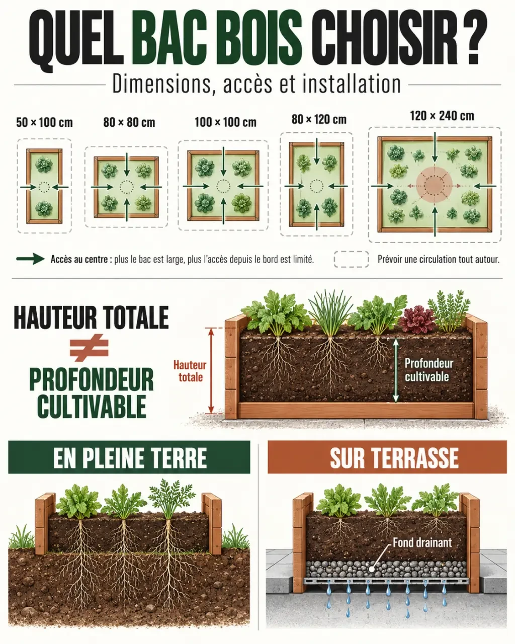 Infographie sur les dimensions d’un bac bois pour jardinage selon l’espace et les cultures
