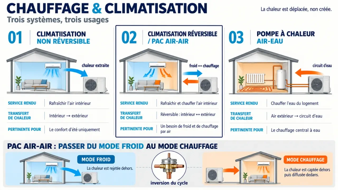 Infographie comparative sur le chauffage et la climatisation : climatisation réversible, pompe à chaleur air-air et pompe à chaleur air-eau