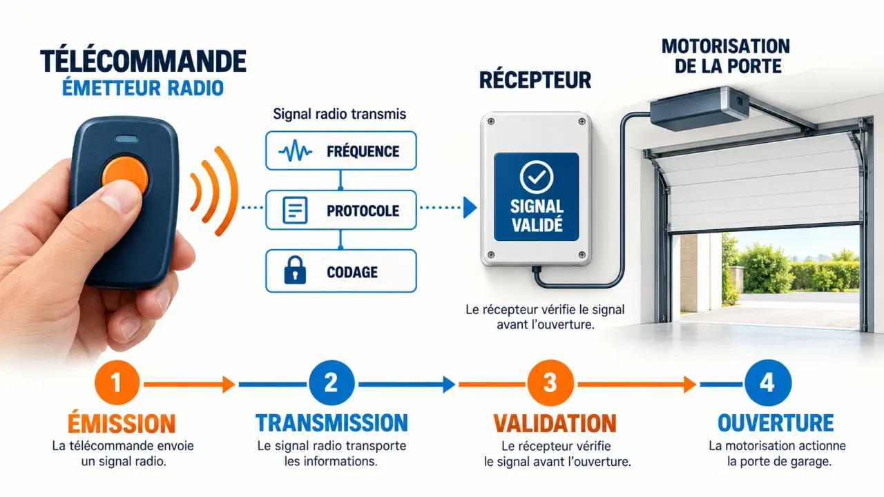 Schéma du fonctionnement d’un bip de garage entre la télécommande, le signal radio et le récepteur