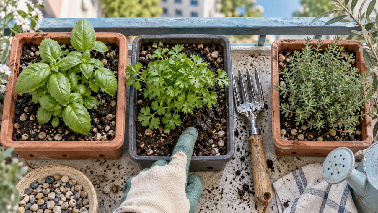 Jardinière aromatique : herbes en pots, terreau et drainage visible