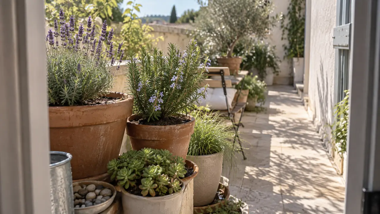 Plantes extérieur terrasse : lavande et romarin sur pots, terrasse