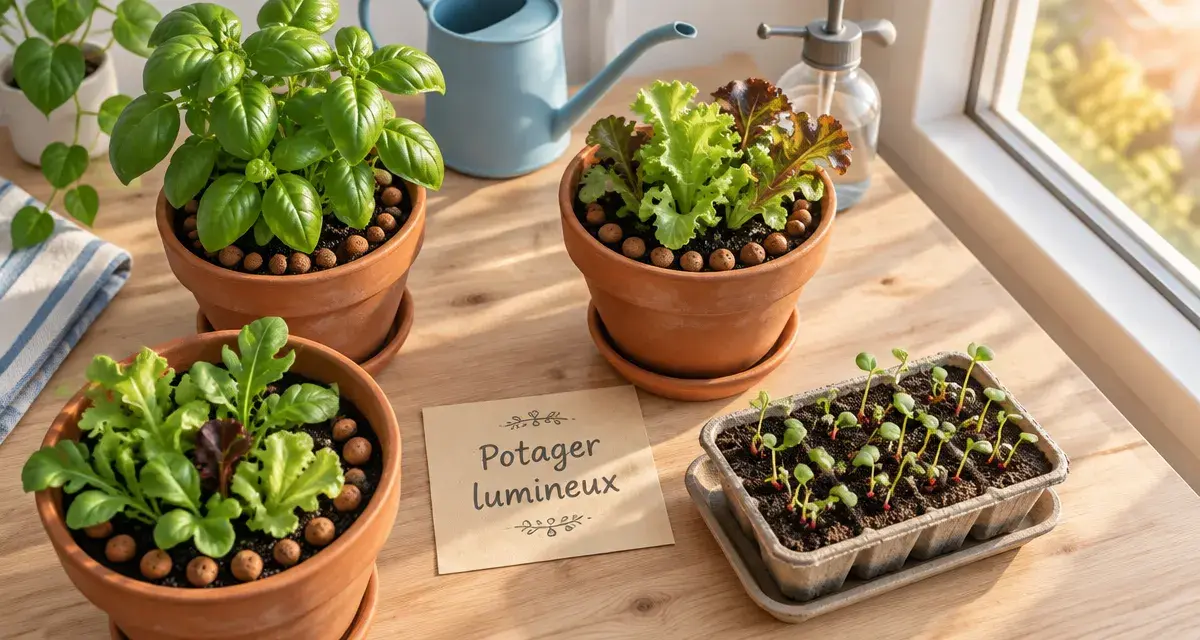Potager en appartement : mini potager lumineux sur table près d’une fenêtre