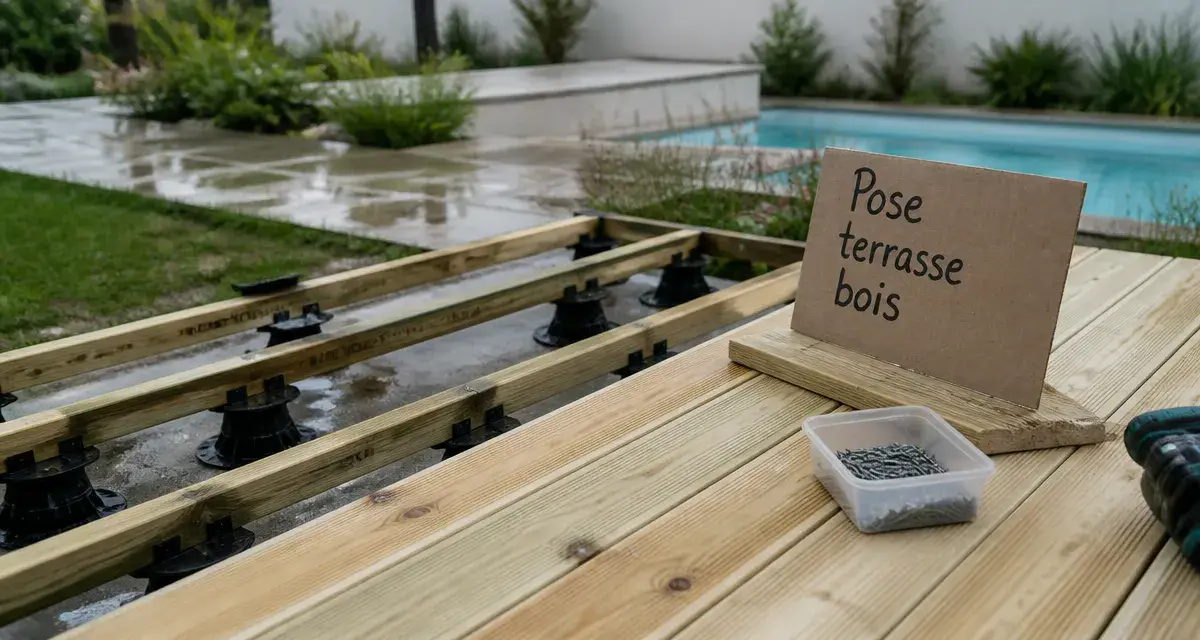 Terrasse plancher bois : lames pin autoclave, lambourdes et vis inox A2